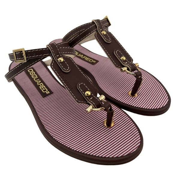 New Dsquared 2 Women 6 / 36 Sandals Brown Leather Flat Ankle Gold T-Strap Shoes - Picture 1 of 17
